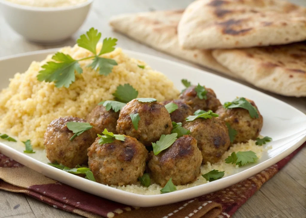 Moroccan Kefta Meatballs in Spiced Tomato Sauce: A Must-Try Dish 2 "Moroccan Kefta meatballs served with couscous and flatbread"