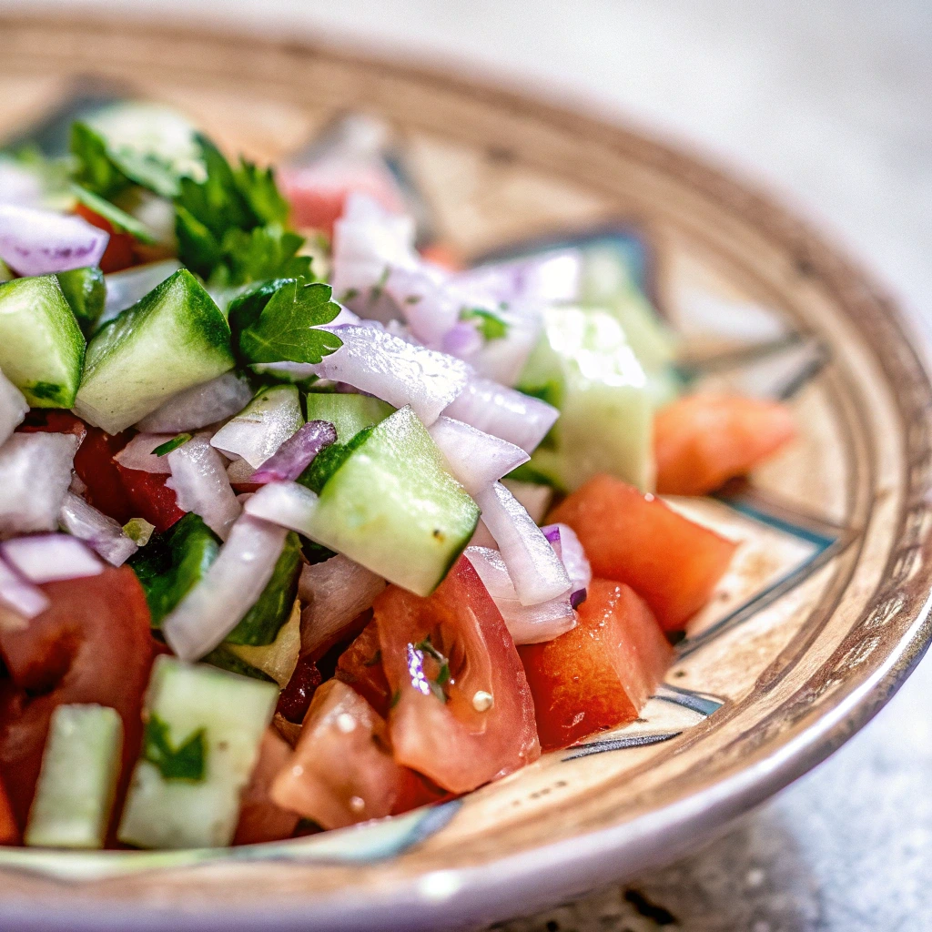 A vibrant traditional Moroccan cucumber and tomato salad, finely chopped and garnished with fresh parsley, mint, and a drizzle of olive oil, served in a decorative bowl.