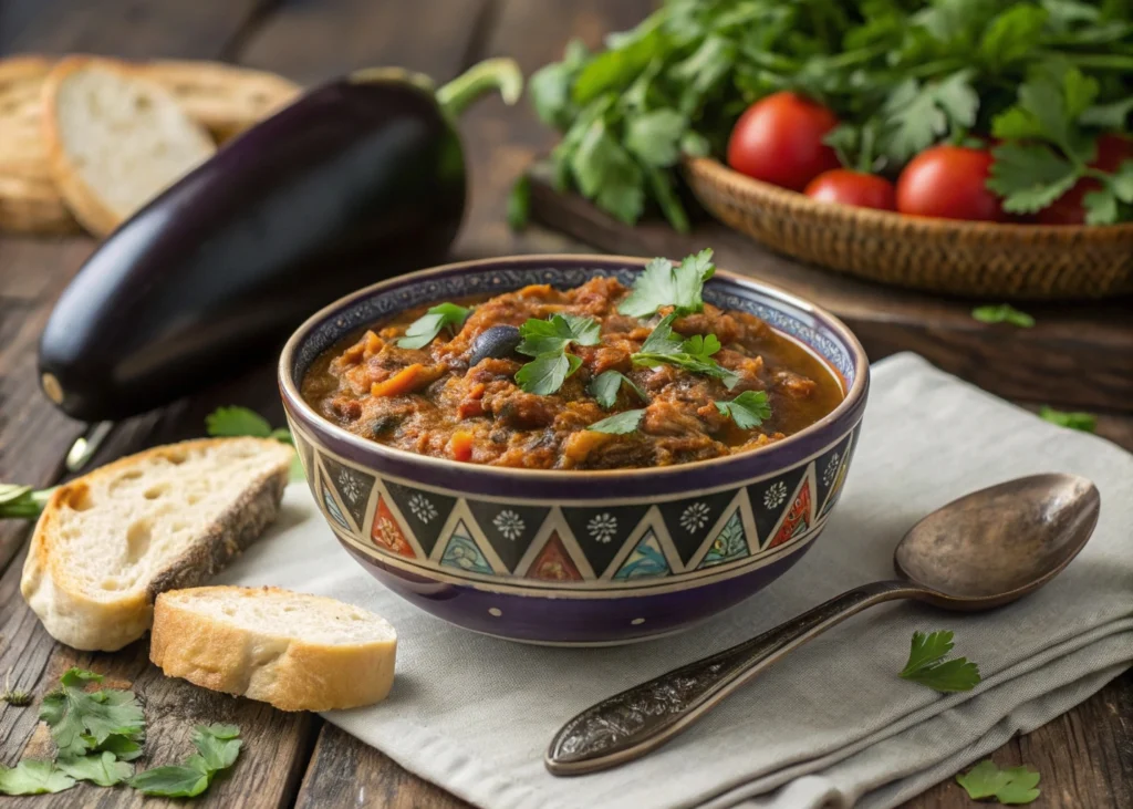 Vegan Eggplant Moroccan Salad or Zaalouk In 3 easy steps 2 A bowl of Moroccan Zaalouk eggplant dip served with fresh herbs and bread.