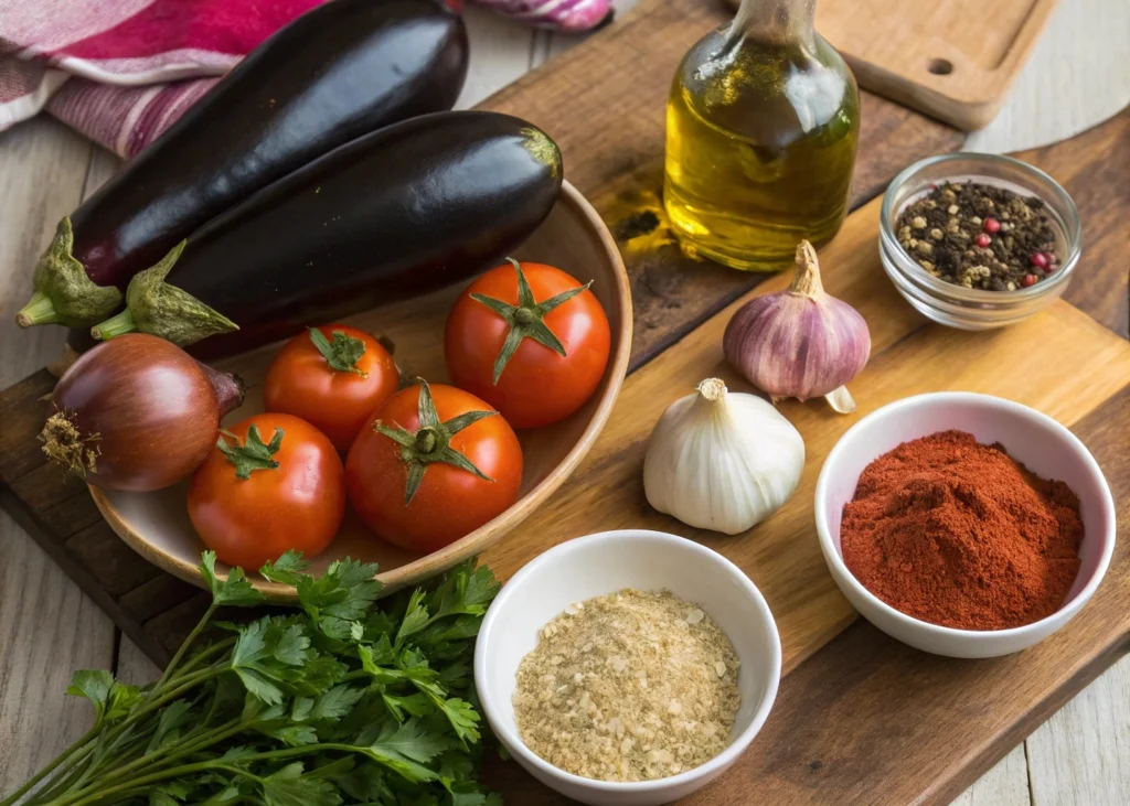 Vegan Eggplant Moroccan Salad or Zaalouk In 3 easy steps 3 Fresh ingredients for Moroccan Zaalouk, including eggplant, tomatoes, garlic, and spices.