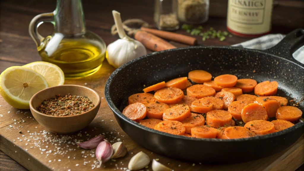 Authentic Moroccan Spiced Carrots Recipe: A Flavorful Side Dish to Elevate Your Meals 7 A rustic, warm-toned image showing the process of cooking Moroccan spiced carrots in a skillet. The carrots should be golden and glistening from the olive oil, with spices visible on the surface. Fresh garlic cloves, Ras El Hanout, and lemon slices should be arranged nearby, showcasing the ingredients in action.