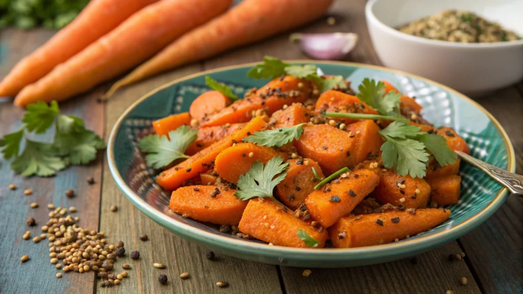 Authentic Moroccan Spiced Carrots Recipe: A Flavorful Side Dish to Elevate Your Meals 2 A plate of Moroccan spiced carrots garnished with cilantro and cumin seeds, showcasing the warm, golden color and aromatic spices.
