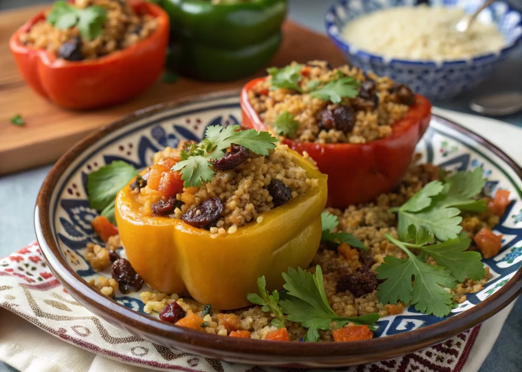 Moroccan Stuffed Bell Peppers : A Flavorful Journey Through Morocco Recipe 2 Traditional Moroccan stuffed bell peppers filled with lamb, couscous, and raisins, garnished with cilantro.