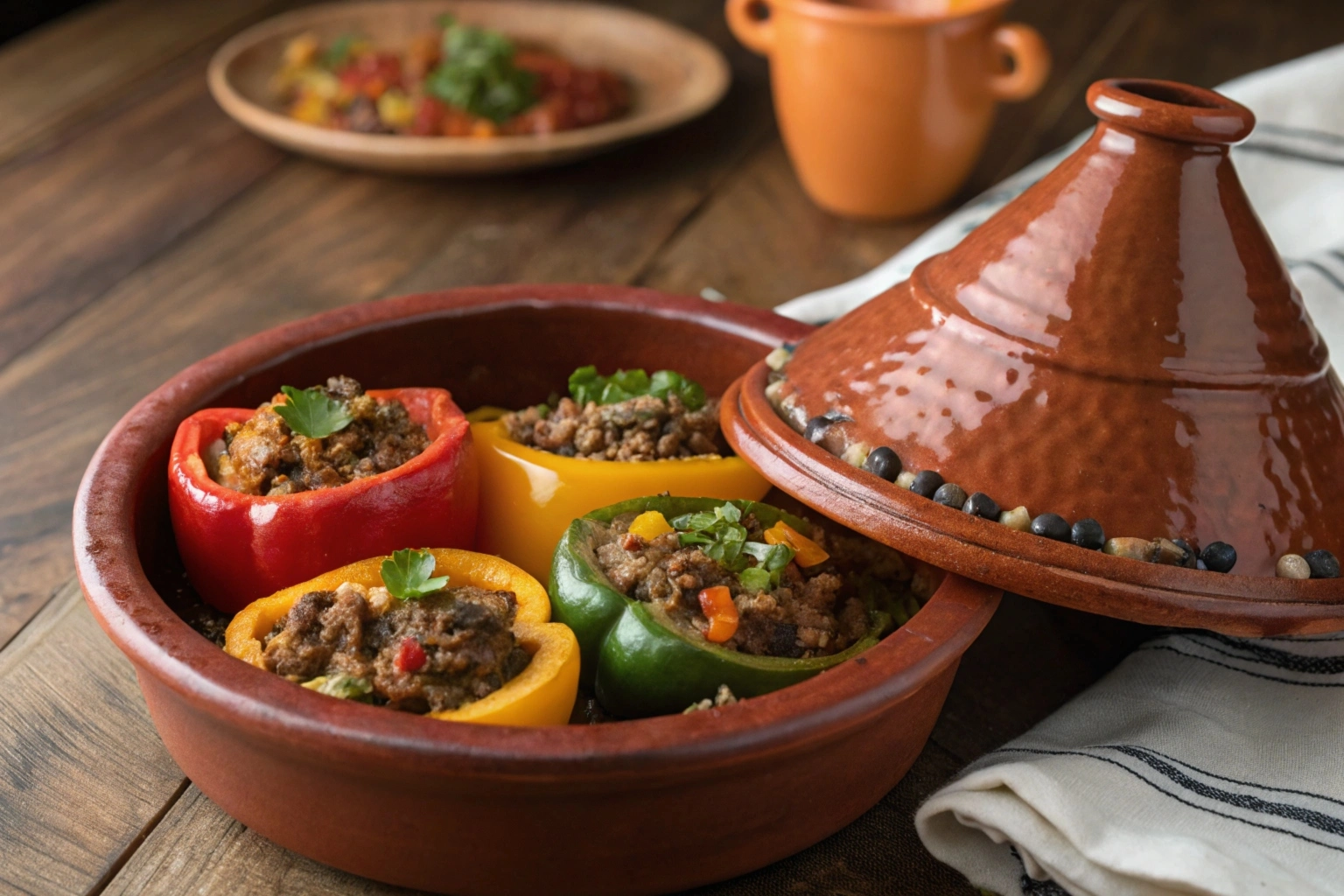 Traditional Moroccan stuffed peppers filled with a flavorful mixture of spiced rice, ground meat, and herbs, garnished with fresh cilantro and a drizzle of olive oil.
