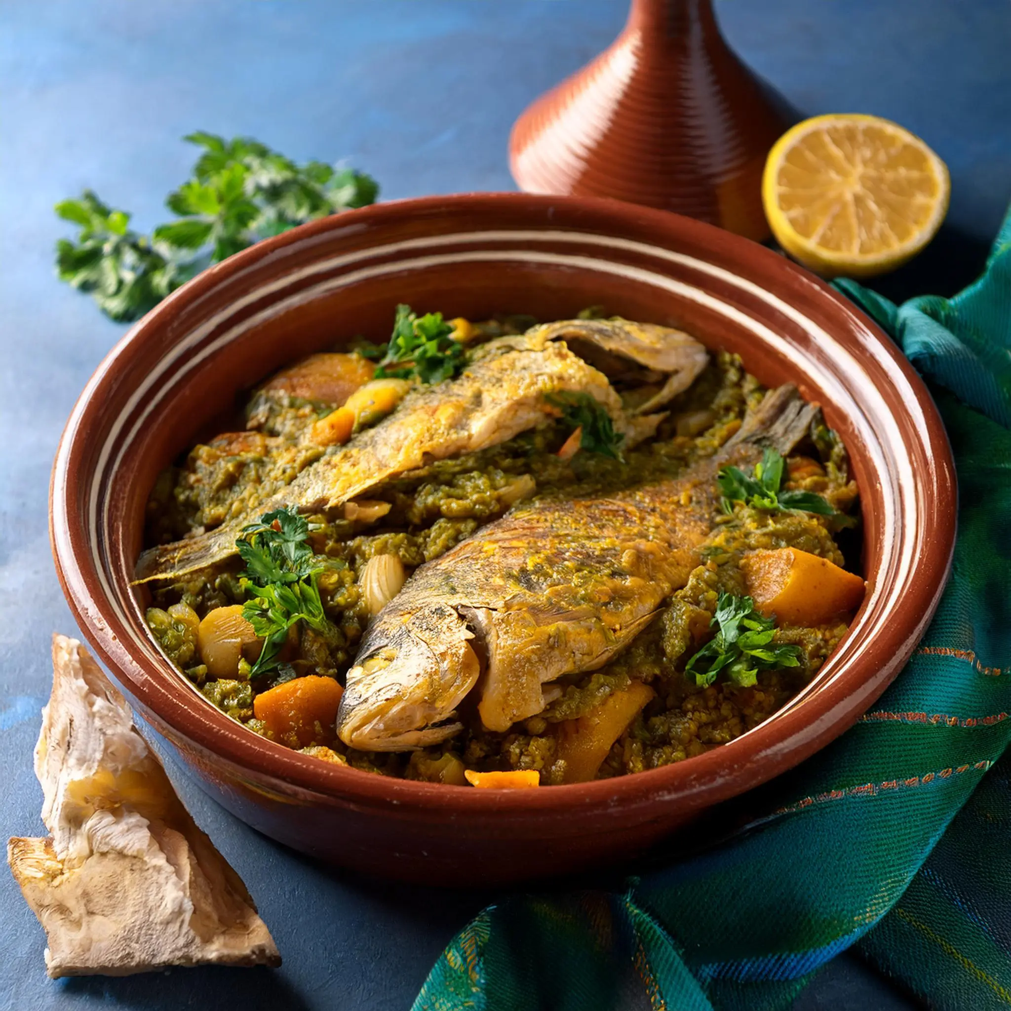 A traditional Moroccan fish tagine, featuring tender fish fillets cooked with tomatoes, bell peppers, olives, and preserved lemons, seasoned with aromatic spices and garnished with fresh cilantro.