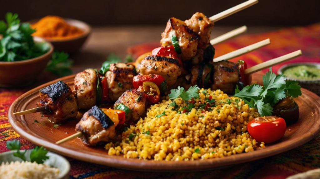 Irresistible Moroccan Chicken Brochettes Recipe 8 Moroccan chicken brochettes served with couscous, grilled vegetables, and harissa on a traditional Moroccan platter.