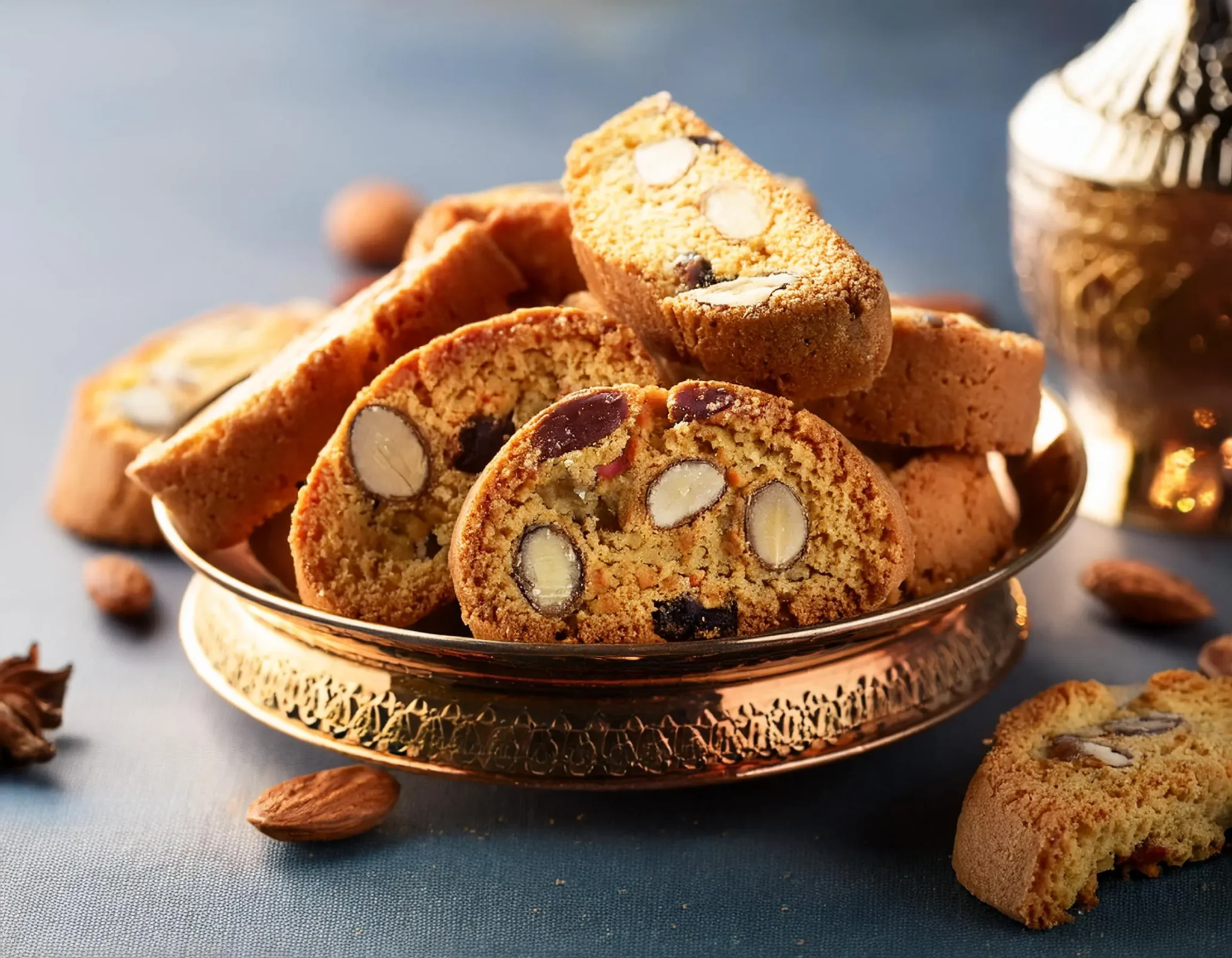 Moroccan Biscotti Fekkas on a plate with almonds, sesame seeds, and orange zest, served with a cup of Moroccan mint tea.