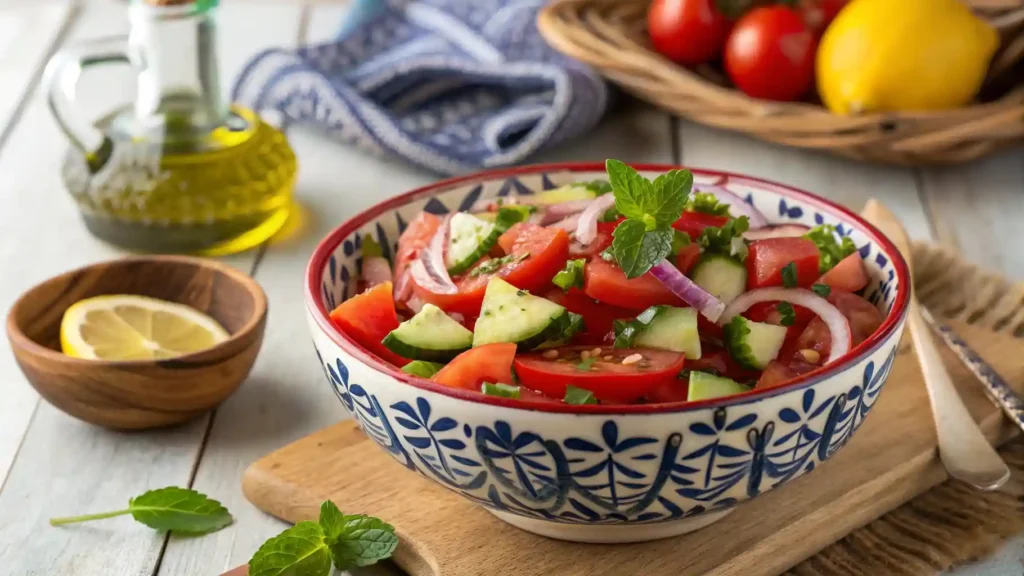 3 Easy Steps to prepare Moroccan Tomato and Cucumber Salad 2 A traditional Moroccan tomato and cucumber salad in a vibrant Moroccan ceramic bowl.