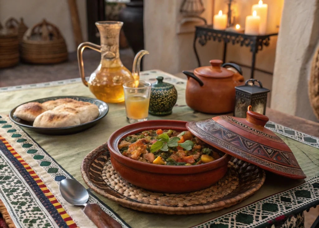 Moroccan dinner setup with Vegetarian Tagine, couscous, and mint tea.
