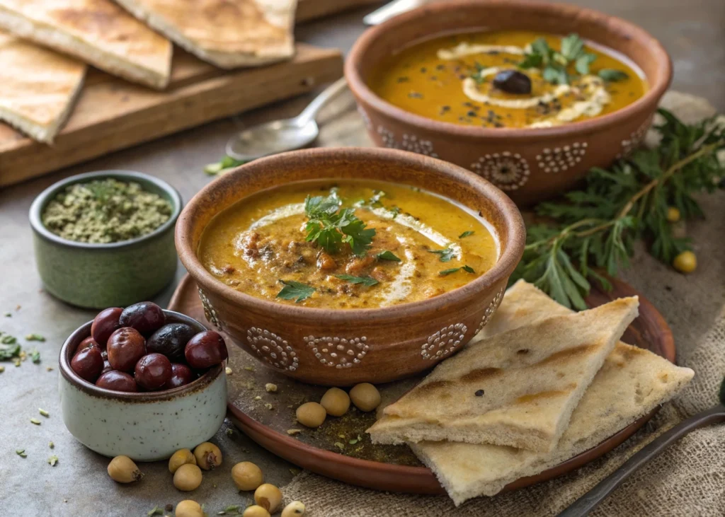 Moroccan Bissara soup served with traditional bread and olives.
