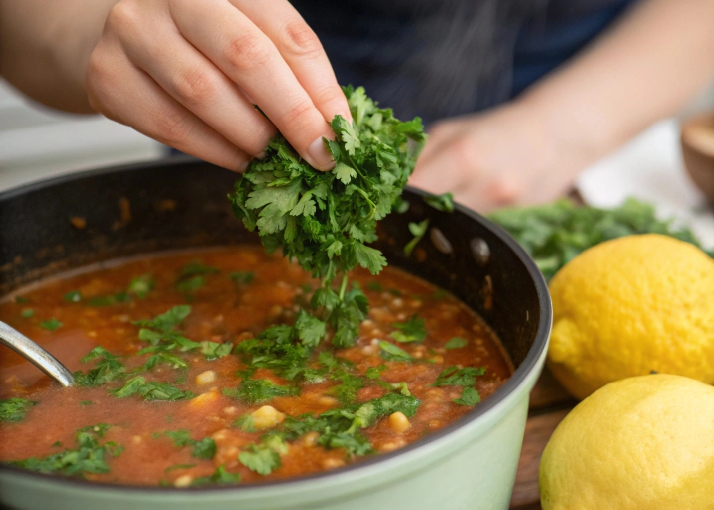 Moroccan Authentic Harira Soup Recipe: Secrets from Moroccan Kitchens 6 A Moroccan cook garnishing Harira with fresh cilantro and parsley, with preserved lemon on the side.