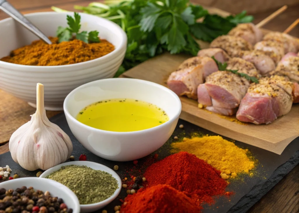 Irresistible Moroccan Chicken Brochettes Recipe 5 Key spices and ingredients for Moroccan chicken brochettes marinade with fresh chicken thighs.