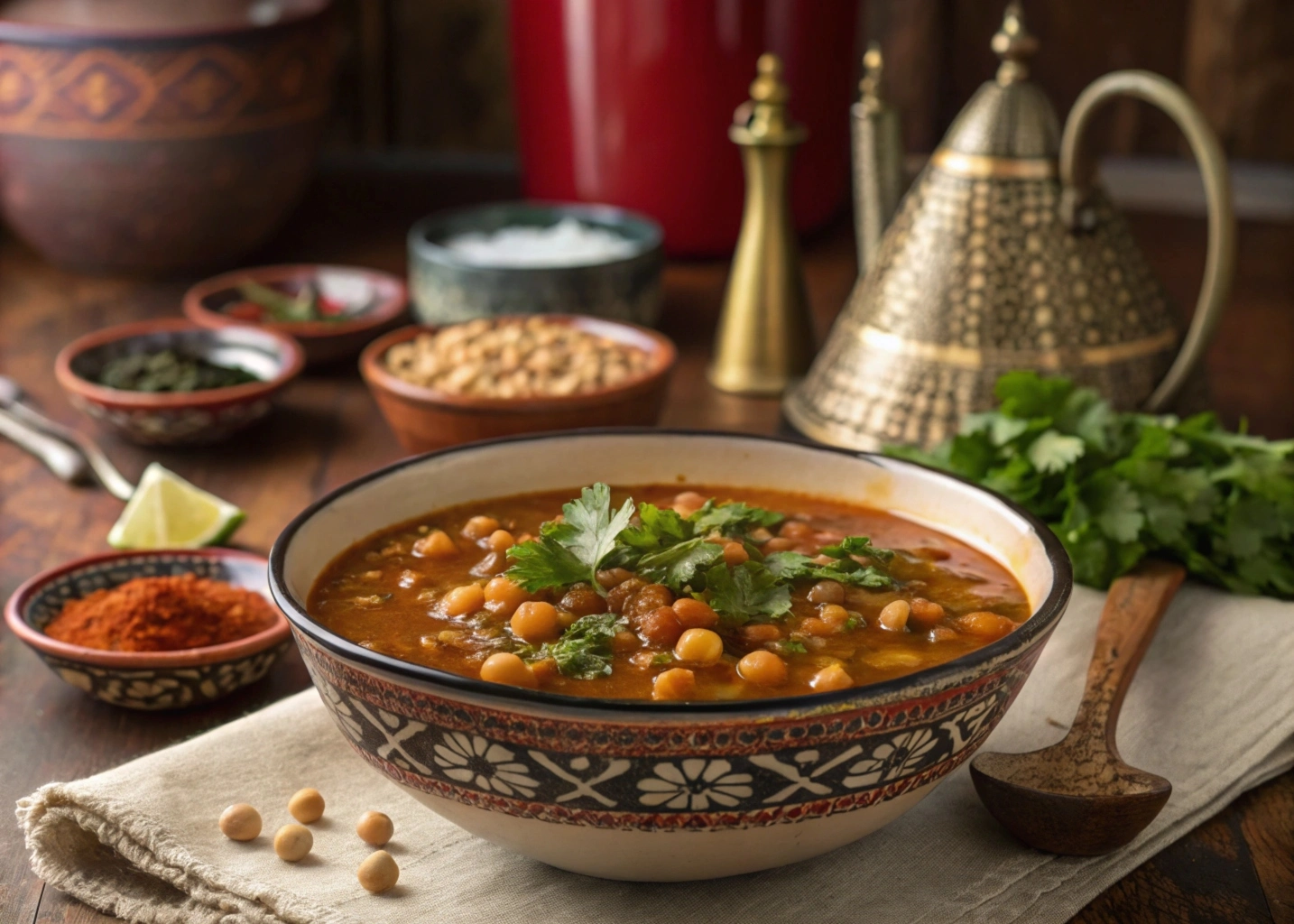 Moroccan Authentic Harira Soup Recipe: Secrets from Moroccan Kitchens 3 A traditional Moroccan Harira soup served with chickpeas, lentils, and fresh cilantro in a rustic Moroccan dish.