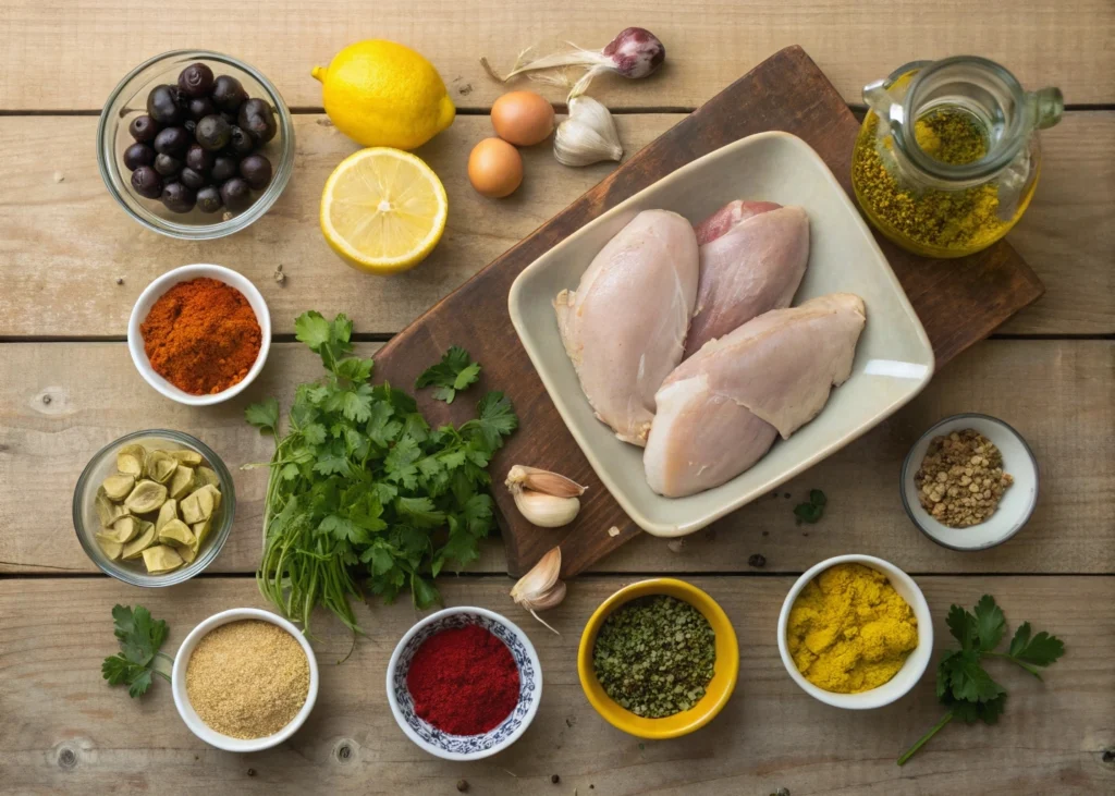 Moroccan Chicken and Preserved Lemon Tagine: Authentic Taste Made Simple 7 a flat lay image featuring all the ingredients for www.moroccaneats.com