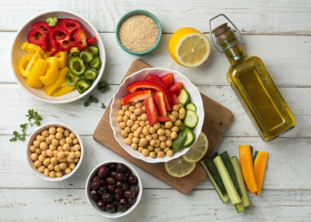  Ingredients for Vegetarian Moroccan Tagine on a wooden background.
