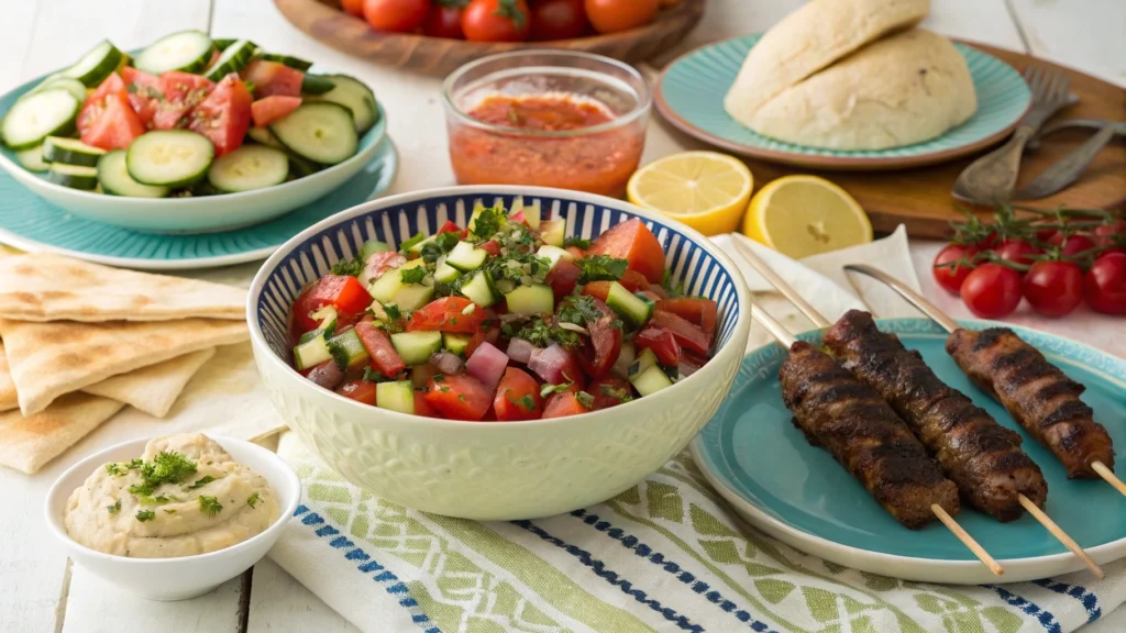 3 Easy Steps to prepare Moroccan Tomato and Cucumber Salad 5 A Mediterranean table spread with Moroccan tomato and cucumber salad as the centerpiece.