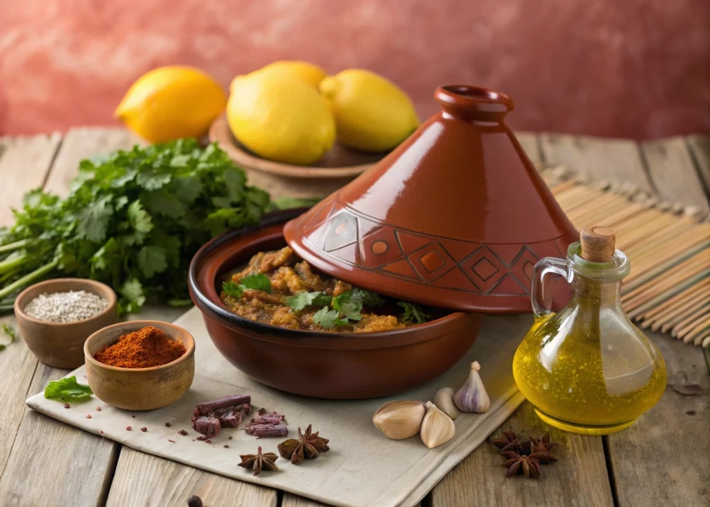 Moroccan Chicken and Preserved Lemon Tagine: Authentic Taste Made Simple 2 a modern moroccan tagine pot placed on an artisana www.moroccaneats.com