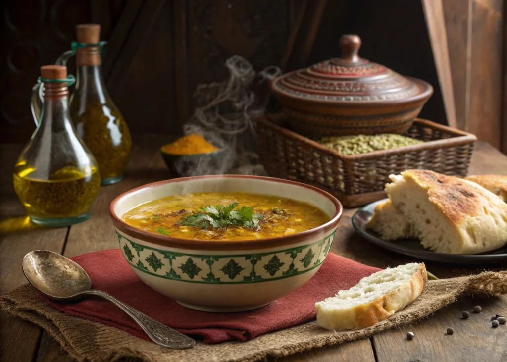 A bowl of Moroccan Bissara soup with olive oil and cumin, served with Moroccan bread.
