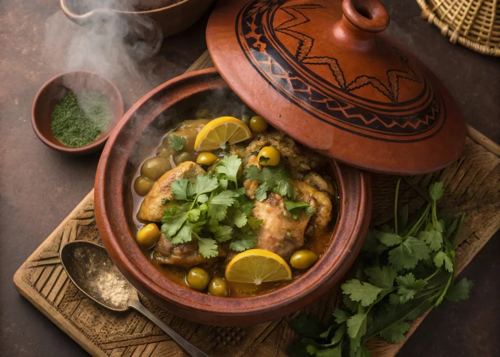 Moroccan Chicken and Preserved Lemon Tagine: Authentic Taste Made Simple 9 Moroccan Chicken Tagine cooking in a traditional clay pot.