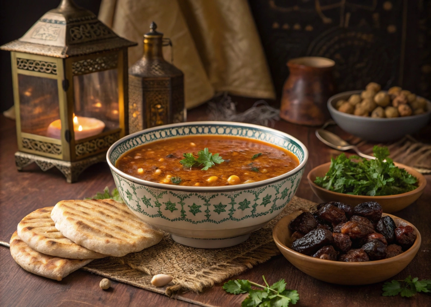Moroccan Authentic Harira Soup Recipe: Secrets from Moroccan Kitchens 7 A traditional Moroccan meal with Harira soup, Moroccan bread, dates, and olives, garnished with fresh cilantro.
