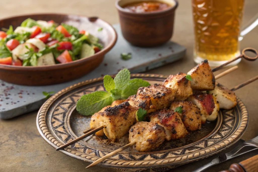 Irresistible Moroccan Chicken Brochettes Recipe 2 Grilled Moroccan chicken brochettes with traditional spices and salad.