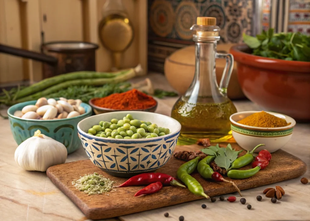 Fresh ingredients for Moroccan Bissara including fava beans, garlic, olive oil, cumin, and paprika.