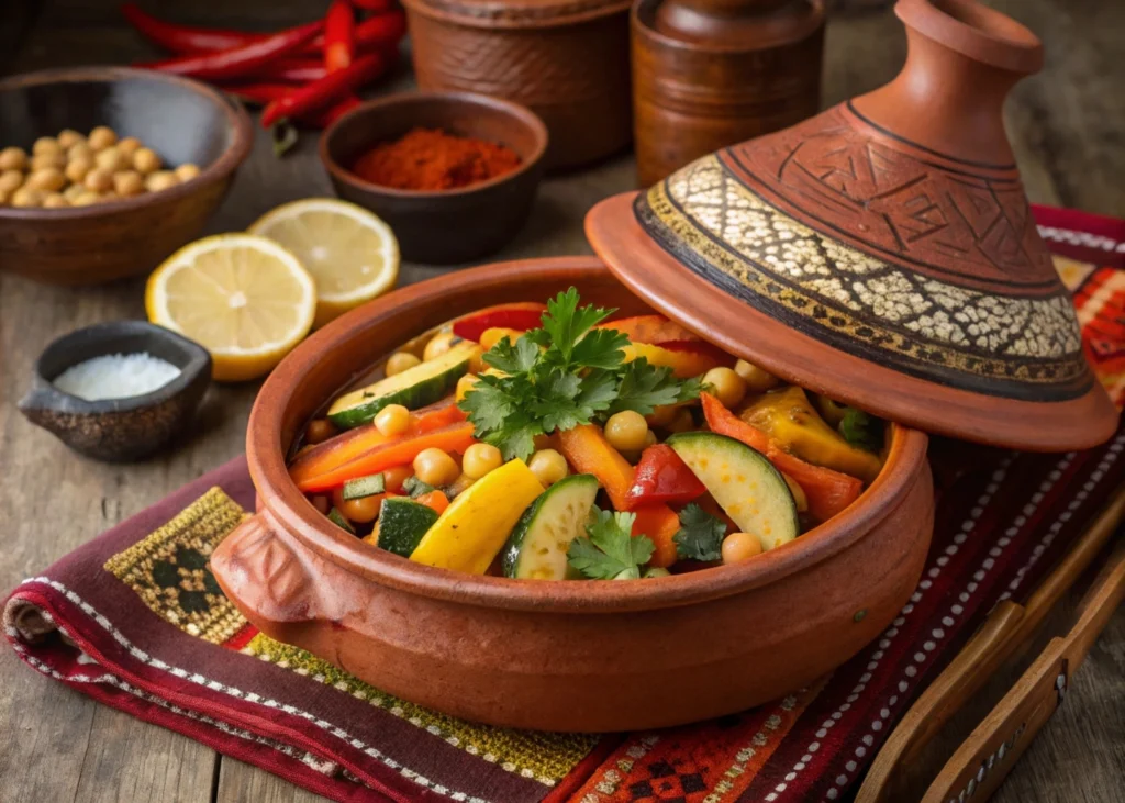 Vegetarian Moroccan Tagine in a traditional clay pot with colorful vegetables.

