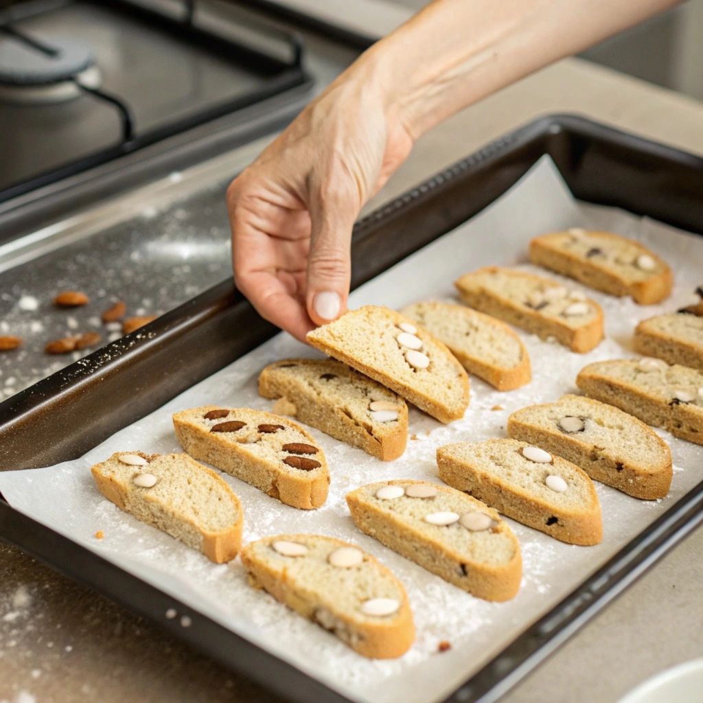 Moroccan Biscotti Fekkas Recipe: A Delicious Twist on Traditional Biscotti with a Moroccan Flavor 3 female hand placing the slices of biscotti with a www.moroccaneats.com