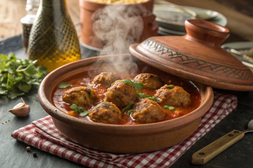 Moroccan Kefta Meatballs in Spiced Tomato Sauce: A Must-Try Dish 12 "Moroccan Kefta meatballs served in a traditional tagine, nestled in a vibrant tomato sauce, garnished with fresh cilantro, and accompanied by flatbread and couscous on a rustic table setting."