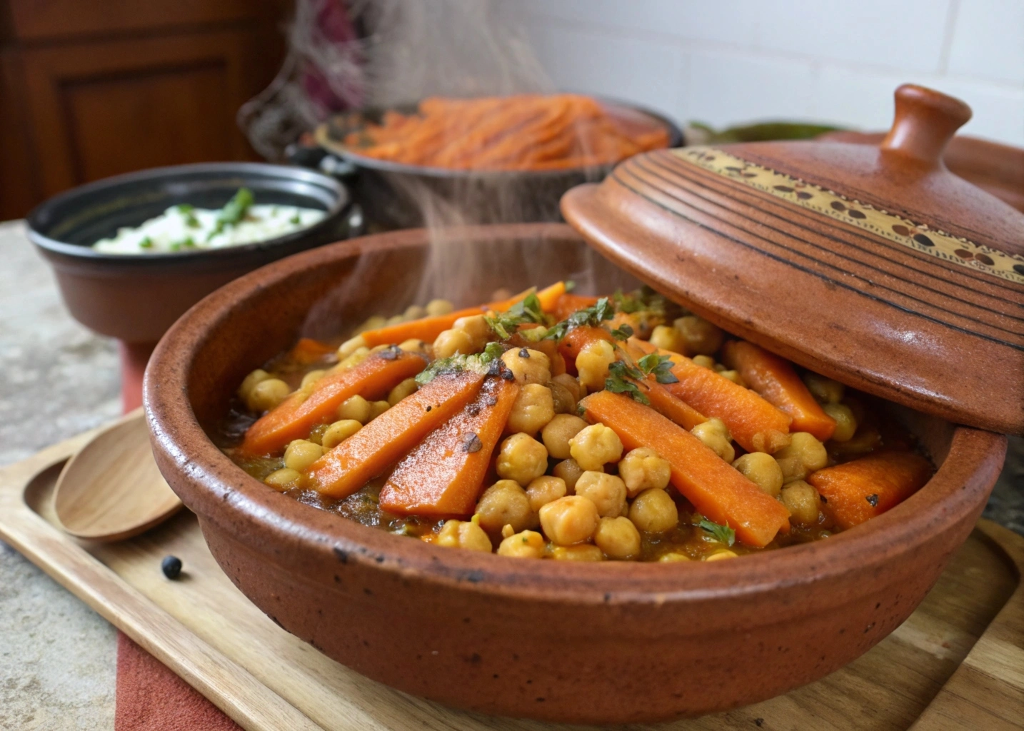 A vibrant vegetarian tagine with chickpeas, carrots, and aromatic spices, garnished with fresh cilantro and served in a traditional earthenware pot.