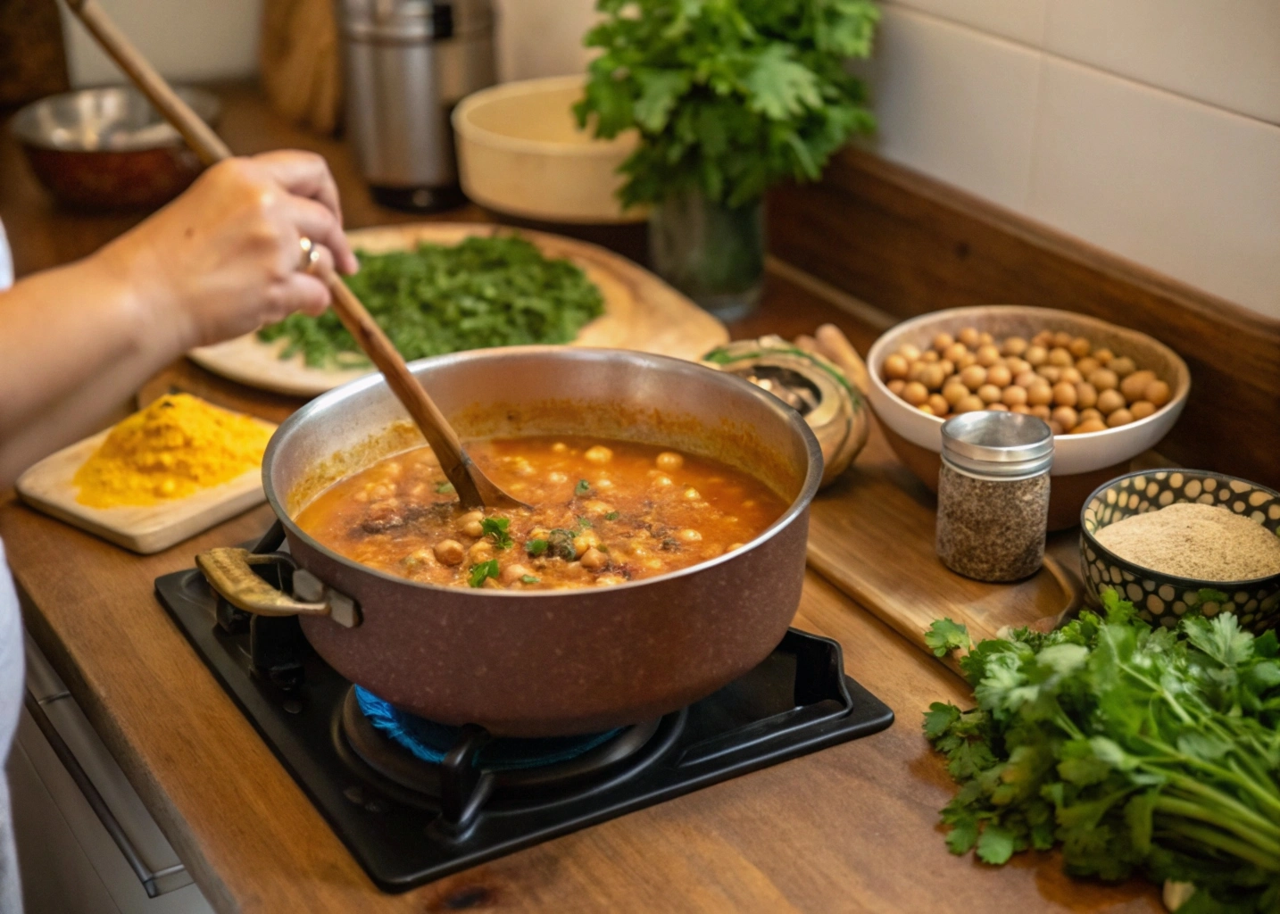 Moroccan Authentic Harira Soup Recipe: Secrets from Moroccan Kitchens 5 Cooking Moroccan Harira in a traditional pot, adding chickpeas, lentils, and meat to the broth.