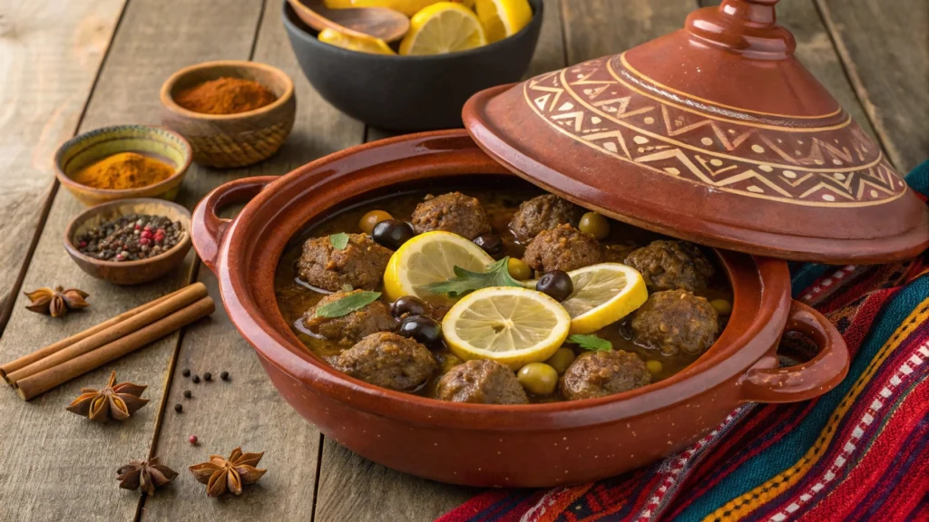 Lemon and Olive Meatball Tagine Recipe: 7 Ingredients You Need for Authentic Taste 2 Traditional Moroccan tagine pot with meatballs, lemons, and olives simmering inside, surrounded by spices.