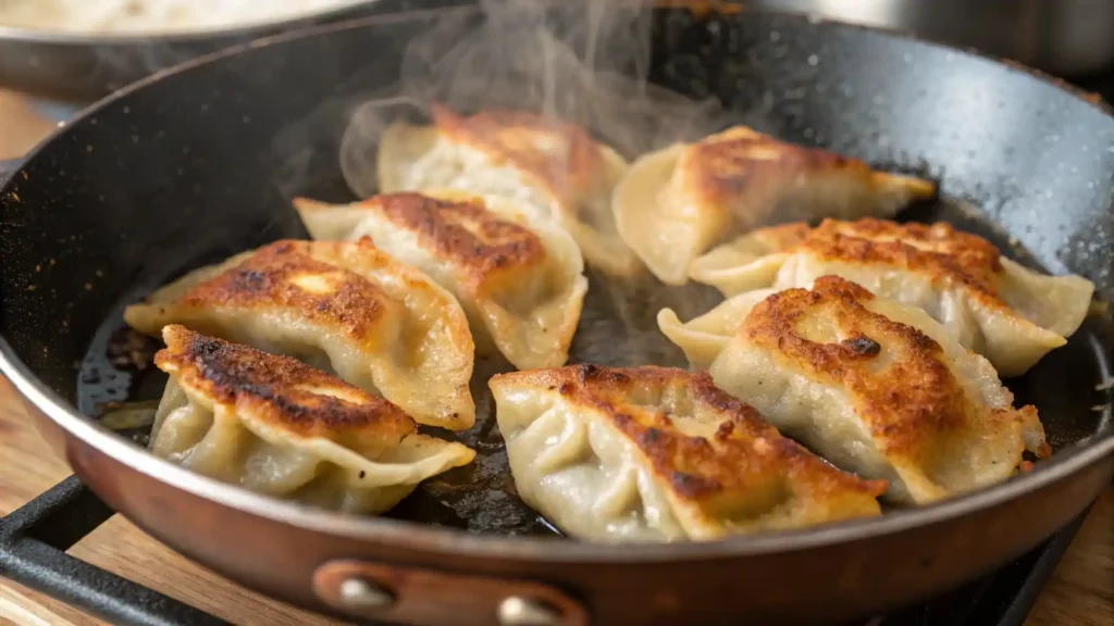 Spiced Beef Dumplings: Moroccan-Chinese Fusion with Harissa-Soy Dipping Sauce 4 Pan-fried Dumplings (Potstickers): Fry in oil for 2 minutes, then add water, cover, and steam for 5 minutes.