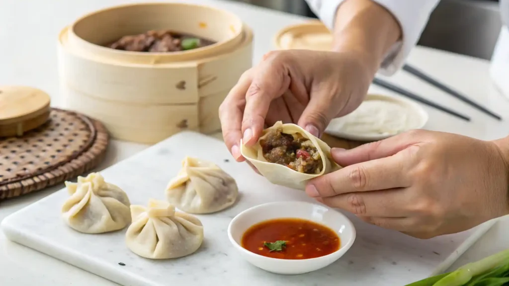 Spiced Beef Dumplings: Moroccan-Chinese Fusion with Harissa-Soy Dipping Sauce 3 Assembling the Dumplings