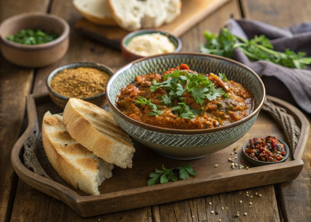 Vegan Eggplant Moroccan Salad or Zaalouk In 3 easy steps 5 A delicious bowl of Moroccan Zaalouk served with bread for dipping.
