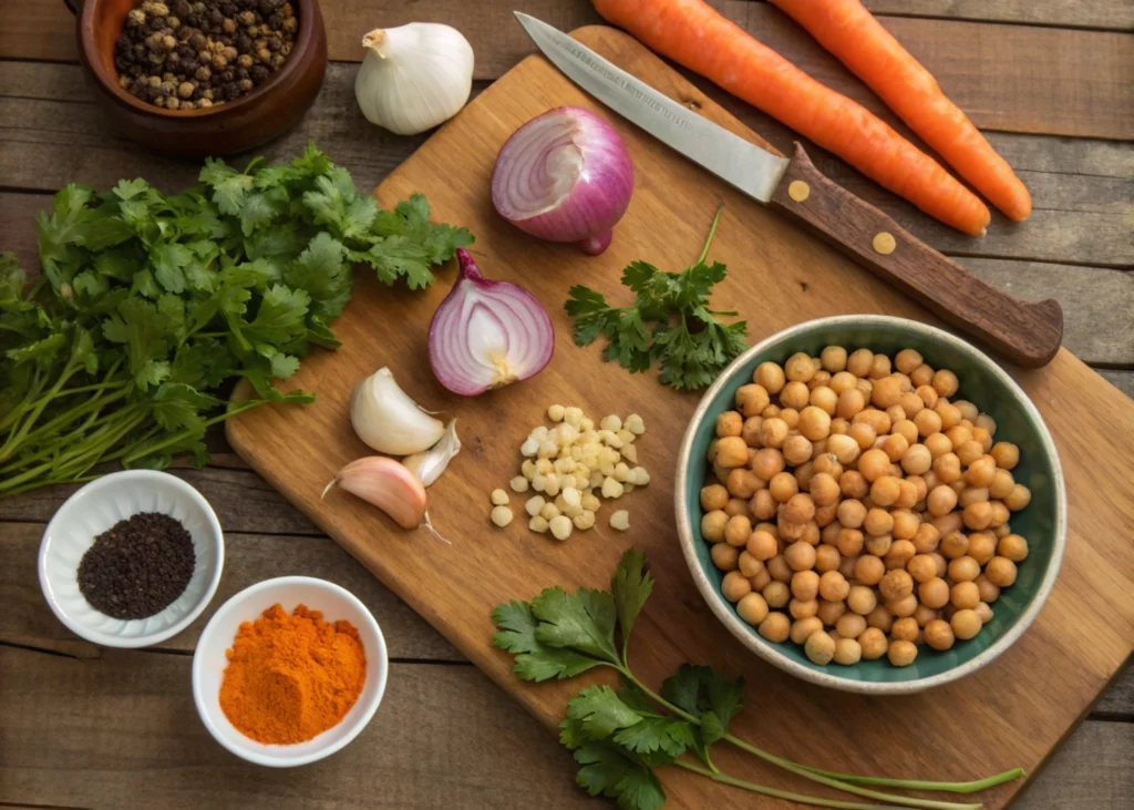 Quick Vegetarian Tagine with Chickpeas and Carrots Recipe – Ready in 30 Minutes 3 Fresh ingredients for quick vegetarian tagine with chickpeas and carrots.