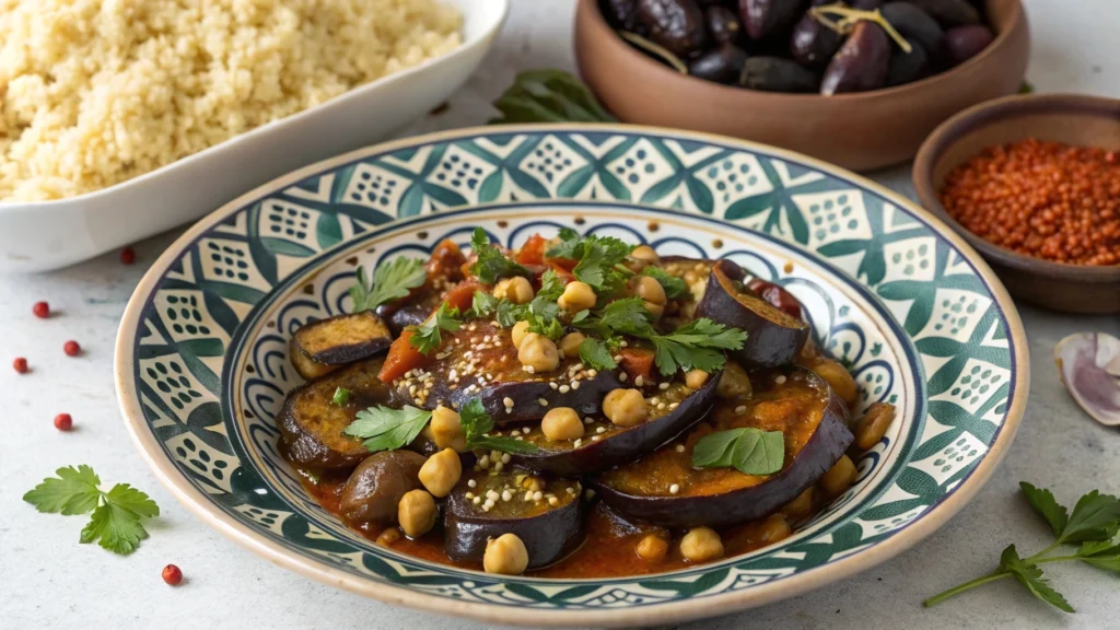 Moroccan Eggplant and Chickpea Tagine Recipe – 7 Secrets for Perfect Flavor 5 a beautifully plated moroccan eggplant and chickpe 1 www.moroccaneats.com