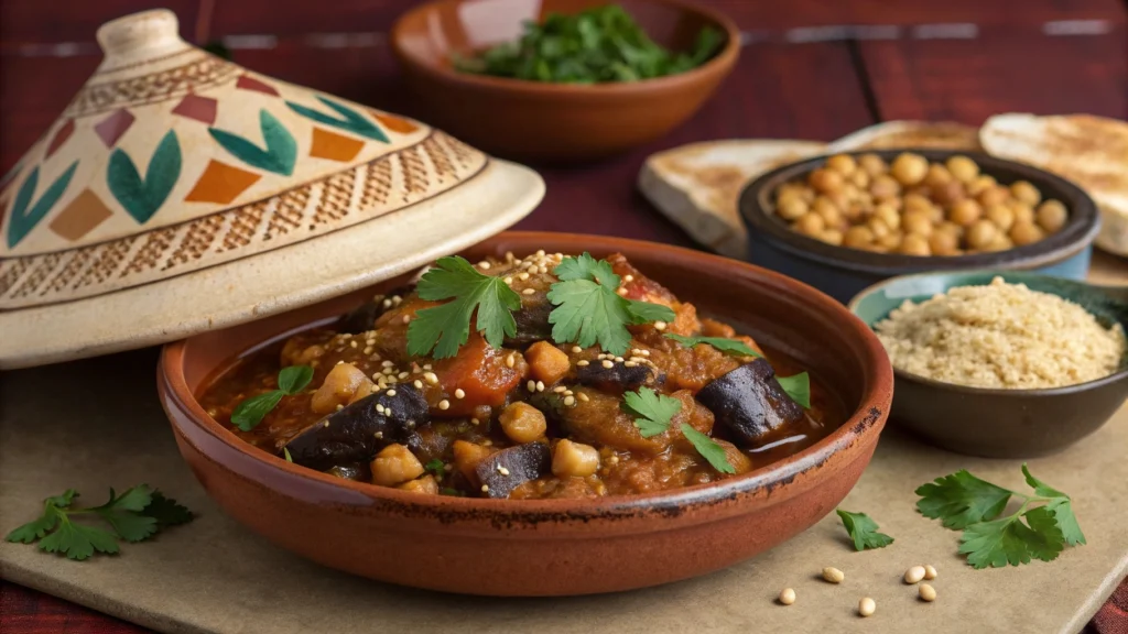 Moroccan Eggplant and Chickpea Tagine Recipe – 7 Secrets for Perfect Flavor 2 Moroccan Eggplant and Chickpea Tagine served in a traditional dish with bread and couscous.