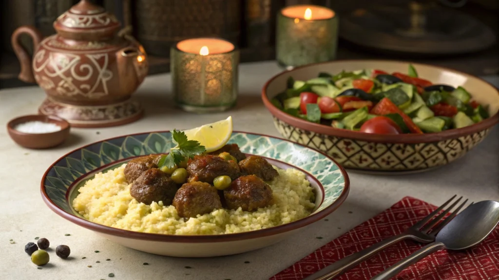 Lemon and Olive Meatball Tagine Recipe: 7 Ingredients You Need for Authentic Taste 6 Moroccan Lemon and Olive Meatball Tagine served with couscous and a fresh cucumber-tomato salad.