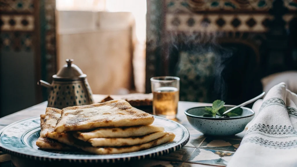 Tasty Homemade Moroccan Msemen: 5 Pro Tips for Soft and Crispy Layers 2 Traditional Moroccan msemen flatbread served with honey and mint tea.