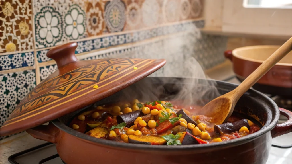 Moroccan Eggplant and Chickpea Tagine Recipe – 7 Secrets for Perfect Flavor 4 a close up of a traditional moroccan tagine pot si www.moroccaneats.com