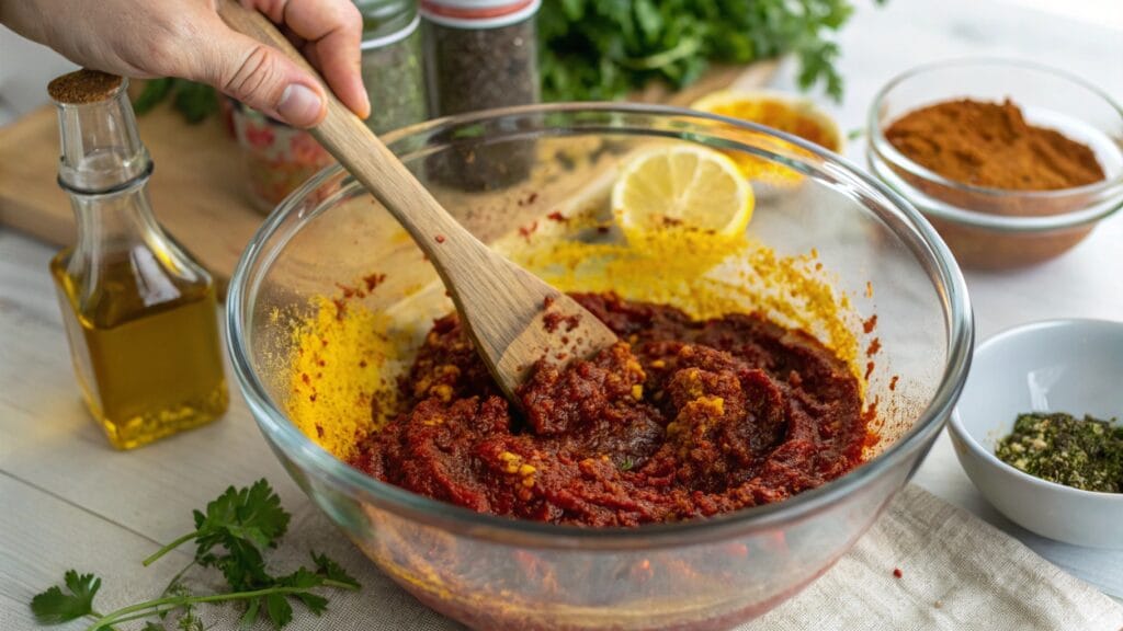 Moroccan Spiced Chicken Wings: The Ultimate Recipe for Flavorful Perfection 4 a close up of hands mixing a smouth moroccan spice www.moroccaneats.com