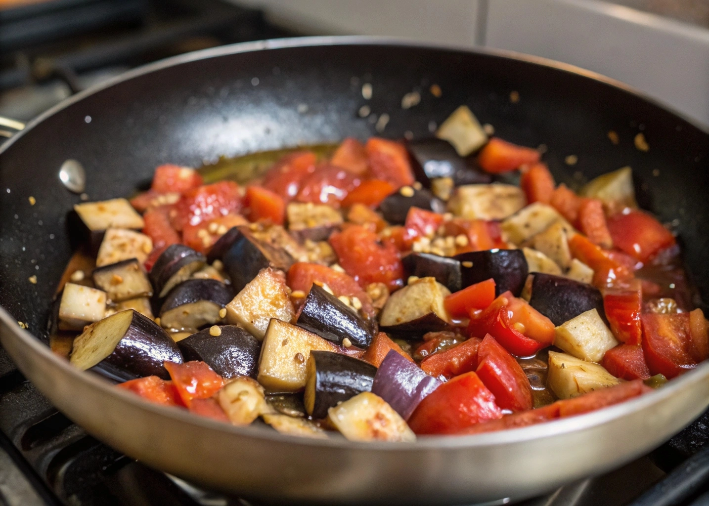 Vegan Eggplant Moroccan Salad or Zaalouk In 3 easy steps 4 Cooking Moroccan Zaalouk in a skillet with eggplant, tomatoes, and garlic