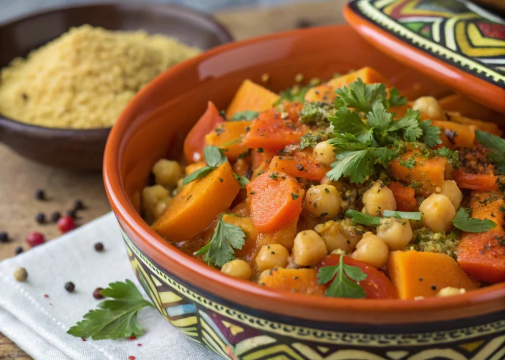 Quick Vegetarian Tagine with Chickpeas and Carrots Recipe – Ready in 30 Minutes 5 A bowl of vegetarian tagine with chickpeas, carrots, and fresh herbs.