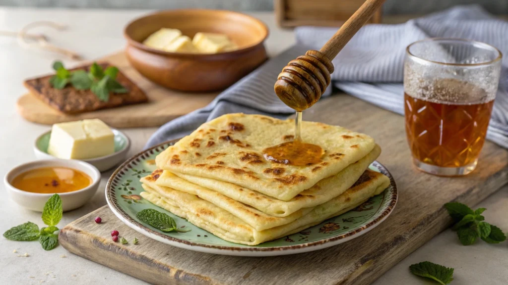 Tasty Homemade Moroccan Msemen: 5 Pro Tips for Soft and Crispy Layers 7 a flat lay of freshly made moroccan msemen stacked www.moroccaneats.com