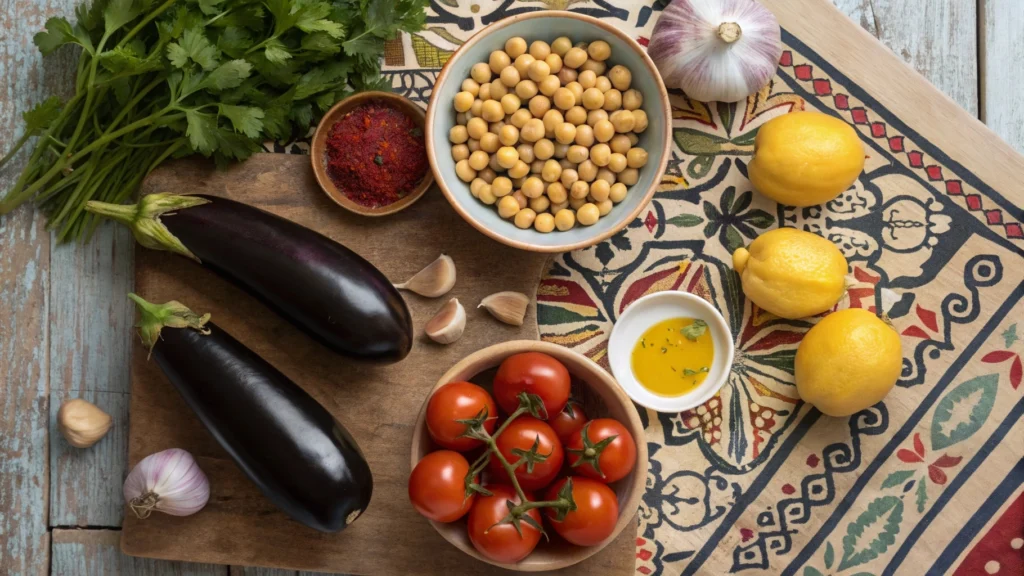 Moroccan Eggplant and Chickpea Tagine Recipe – 7 Secrets for Perfect Flavor 3 a flat lay shot of fresh ingredients for moroccan www.moroccaneats.com
