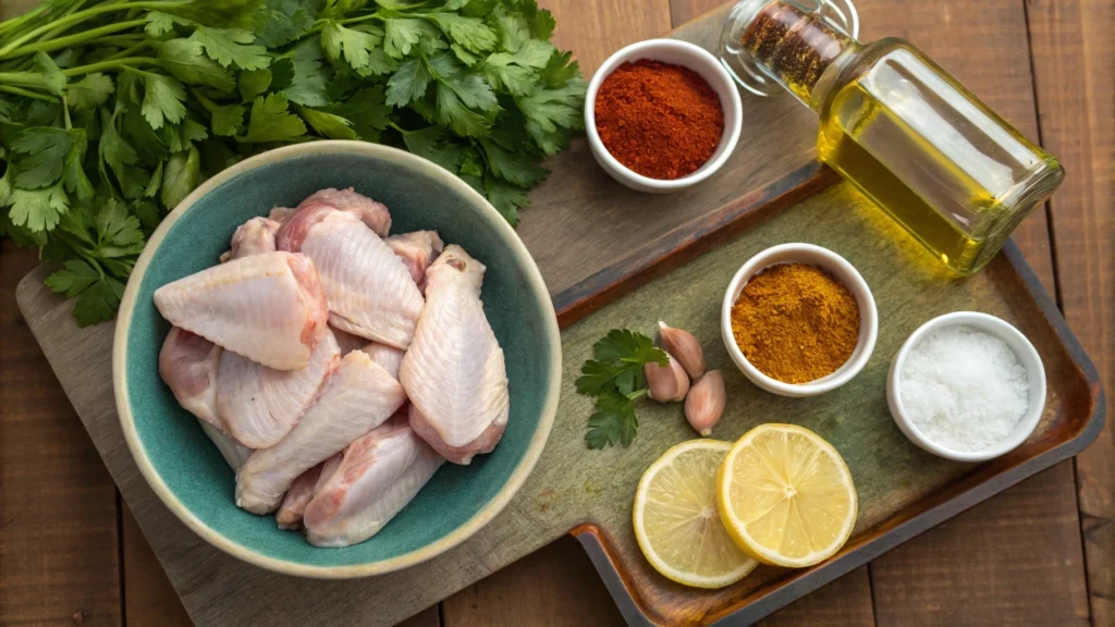 Moroccan Spiced Chicken Wings: The Ultimate Recipe for Flavorful Perfection 3 A neatly arranged flat lay of all ingredients needed for Moroccan spiced chicken wings on a rustic wooden surface. Shows raw chicken wings in a ceramic dish, small bowls of Ras el Hanout, cumin, paprika, coriander, garlic powder, onion powder, cayenne, a sliced lemon, and a bottle of olive oil. Fresh cilantro and parsley add a touch of greenery