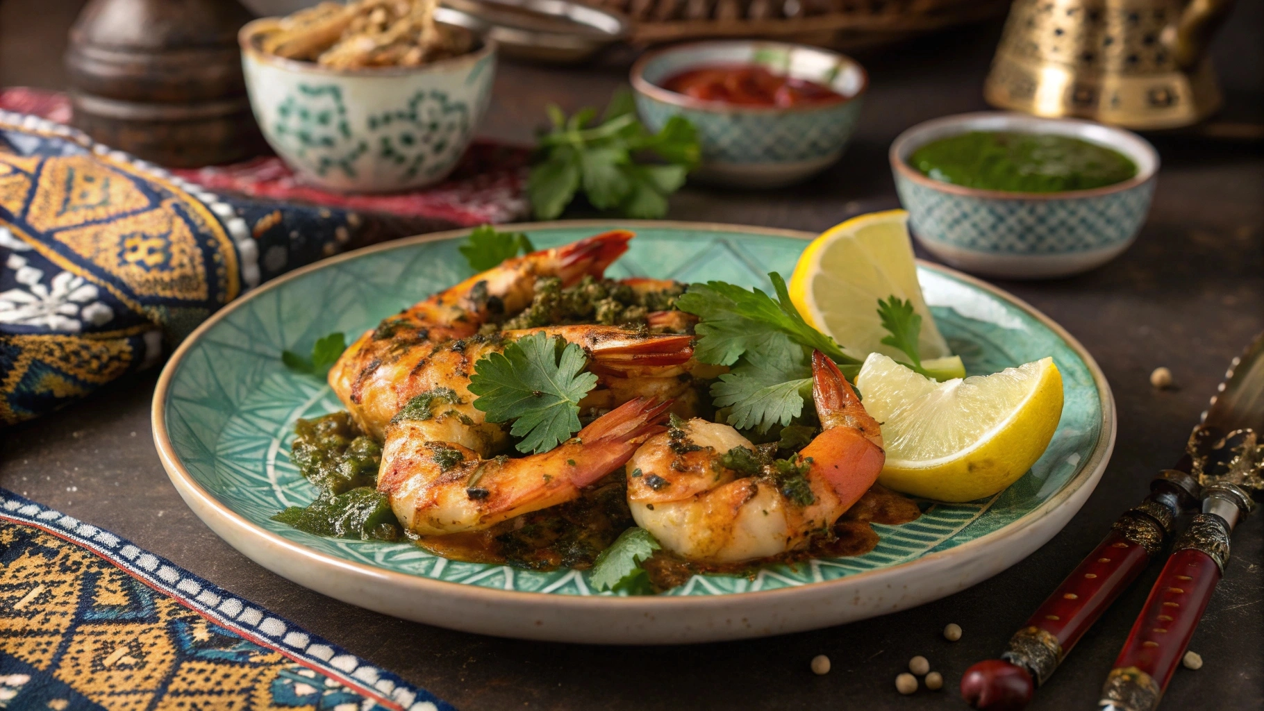 Moroccan Seafood Lovers Dinner Date Night – A Romantic 3-Course Menu 7 Grilled shrimp with chermoula sauce on a Moroccan-themed dinner plate.