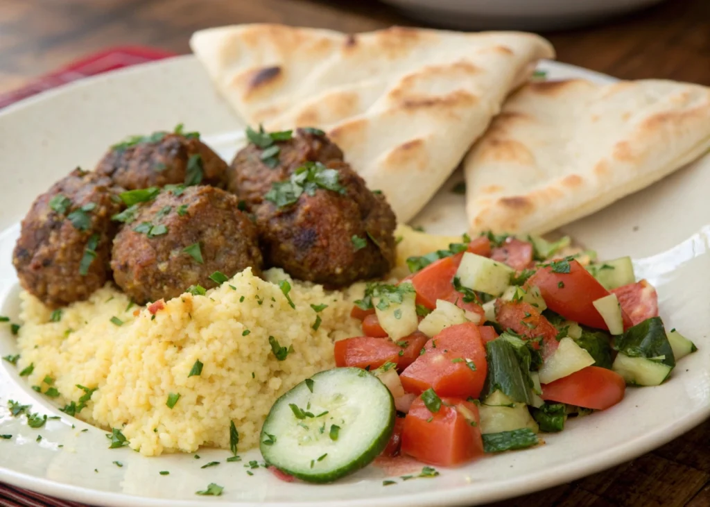 Moroccan Kefta Meatballs in Spiced Tomato Sauce: A Must-Try Dish 11 "Moroccan Kefta meatballs served with couscous, flatbread, and fresh salad."