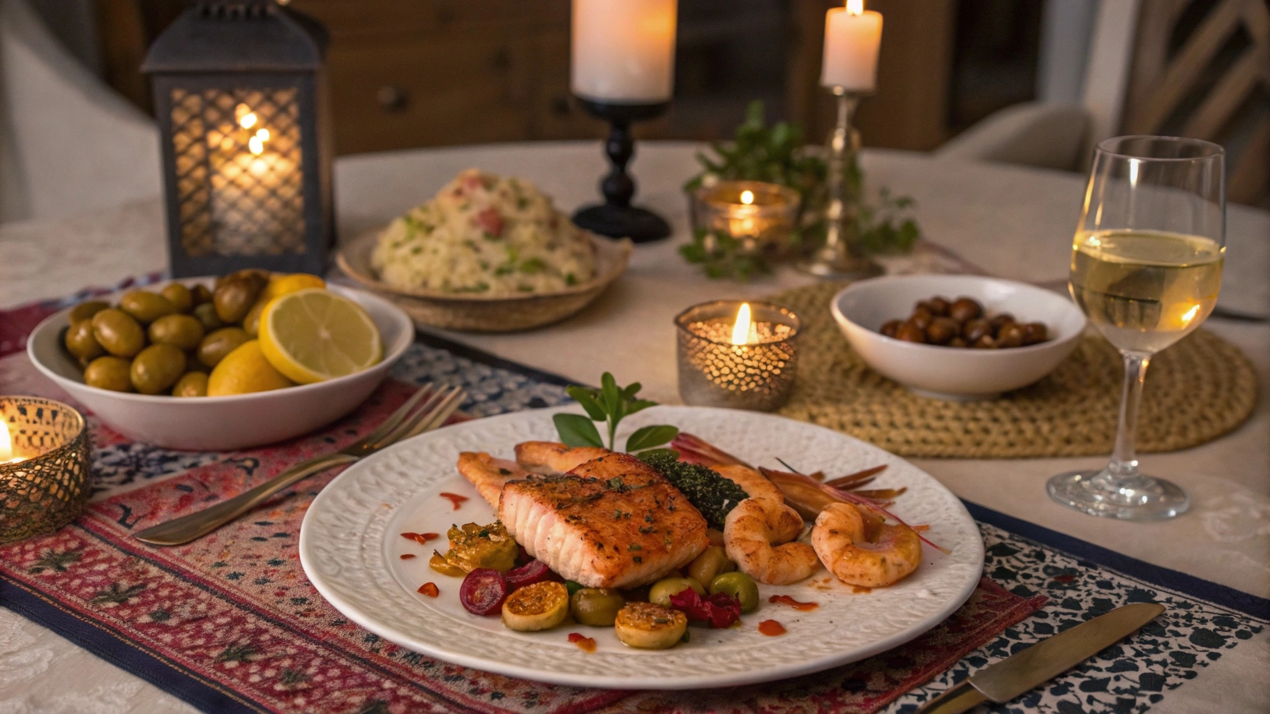 Moroccan Seafood Lovers Dinner Date Night – A Romantic 3-Course Menu 3 Romantic Moroccan seafood dinner table with chermoula shrimp, Moroccan-spiced salmon, and almond briouates.
